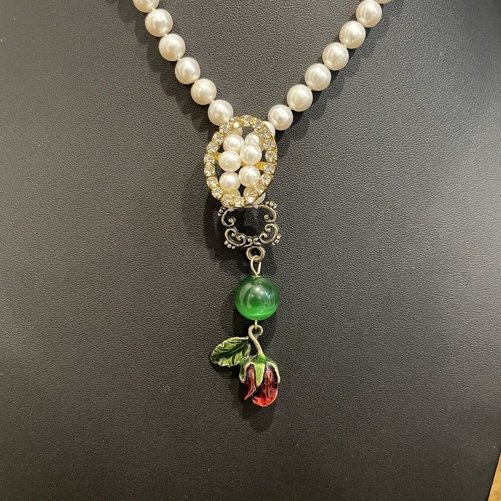 VTG Pendant Necklace 18 Inch Dangle Red Rose Faux Pearl Glass Bubble Rhinestones